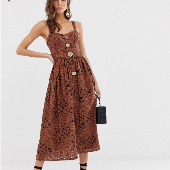 ASOS Dresses & Skirts - ASOS Brown Eyelet Bustier Midi Dress with Mismatch Buttons - New, never worn.